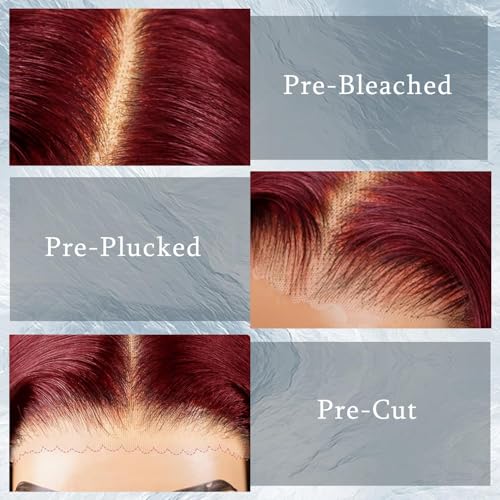 LuAiJa 9x6 Wine Red Body Wave Glueless Wigs Human Hair Dark Burgundy Wear and Go Glueless Wig 99J HD Lace Front Human Hair WIg 28 Inch Red Wigs Pre Everything 200% Density for Women