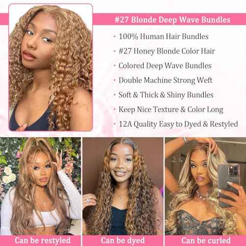 Honey Blonde Deep Wave Human Hair Bundles For Women 12A 27# Color Human Hair Bundles Wet and Wavy 24 Inch Blonde Deep Curly Hair One Bundle