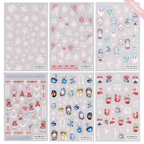 6Sheets Christmas Nail Art Stickers Decals 3D Self-Adhesive Christmas Nail Art Supplies 3D Xmas Snowflake Santa Cartoon Snowman Nail Art Design for Women New Year DIY Nail Decor