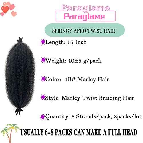 16 Inch Marley Twist Braiding Hair 8 packs Pre-Separated Springy Afro Twist Hair Extension Kinky Afro Twist Crochet Hair Braids Natural Black Spring Twist for Women (16 Inch, 1B)