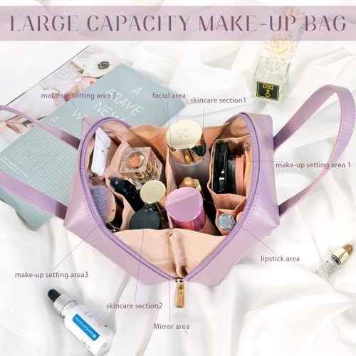 Makeup Bag, Cosmetic Bag Travel, Large Capacity Portable Make up Traveling Organizer Bag, PU Leather Cosmetic Bag with Zippers Handle Compartments, Travel Toiletry Bag for Women Teens Girls