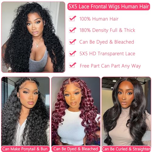 24 Inch Water Wave Lace Front Wigs Human Hair Wigs for Black Women 180% Density 5x5 HD Lace Front Glueless Wigs Human Hair Pre Plucked with Baby Hair Deep Curly Lace Frontal Human Hair Wig