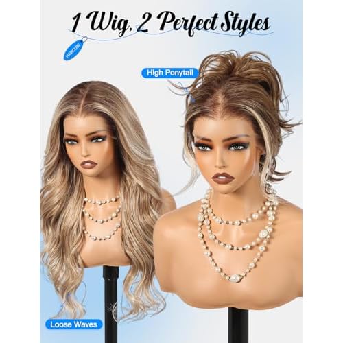 HAIRCUBE 13¡¿6 Glueless Lace Front Wavy Wig, 26 Inch Lace Synthetic Wigs for Women Brown Highlights Color