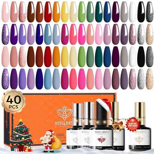 modelones 40 Pcs Gel Nail Polish Set, 36 Colors Winter Orange Yellow Red Nude Brown White Black Gel Nail Polish Kit with Base Coat& Matte Glitter Glossy Top Coat DIY LED Christmas Manicure Gift