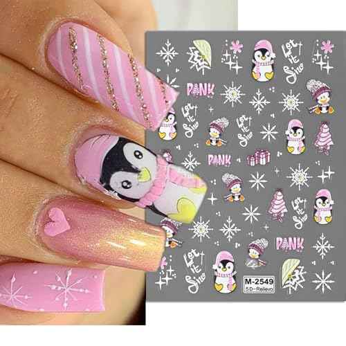 6 Sheets Christmas Nail Art Stickers Snowflake Nail Decals 5D Embossed Self-Adhesive Santa Claus Elk Penguin Bear Xmas Tree Nail Supplies for Women Christmas Nail Art Decoration Winter Pegatinas U?as