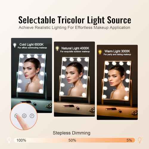 VEVOR Hollywood Vanity Mirror with Lights, 12 Dimmable Bulbs & 3 Color Lighting Modes, Makeup Mirror with Detachable 5X Magnification, Smart Touch Control, 360 Degree Rotation(16.1x11.8 in, White)