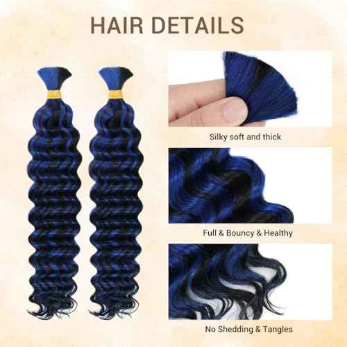 Human Braiding Hair for Boho Knotless Braids 2 Bundles 16 Inches 80g Deep Wave 10A Brazilian Virgin Human Bohemian Hair for Braiding 1bPblue
