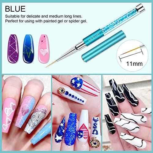 Saviland 6pcs Nail Art Liner Brushes Set: Nail Gel Polish Painting Nail Art Design Brush Pen Set with Crushed Diamond Rhinestones Handle for Pulling Lines, Sizes 7/9/11/13/17/23 mm, Christmas Gifts