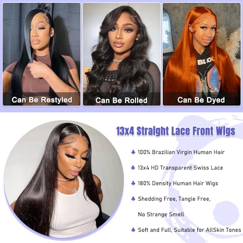 13x4 Body Wave Lace Front Wigs Human Hair Pre Plucked 180 Density HD Transparent Lace Frontal Wigs with Baby Hair Natural Hairline Gluesless Human Hair Wigs for Women Black 26 Inch