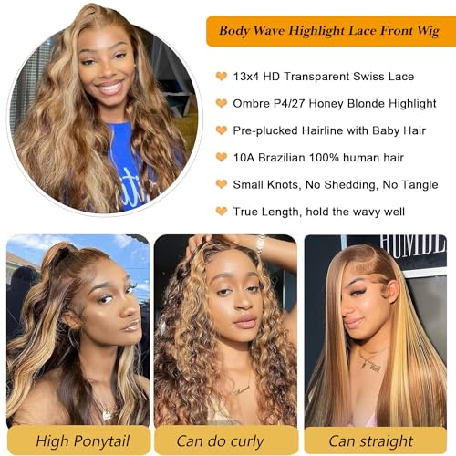 Honey Blonde Lace Front Wig Human Hair 13x4 HD Transparent 4/27 Highlight Ombre Body Wave Lace Front Wigs Human Hair Pre Plucked with Baby Hair 180% Human Hair Wigs 20 Inch