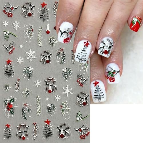 4 Sheets Christmas Nail Art Stickers 5D Embossed Self Adhesive Winter Grass Nail Decals Winter Christmas Tree Elk Snowflake Design Nail Stickers for Women Girls DIY Holiday Manicure Decoration
