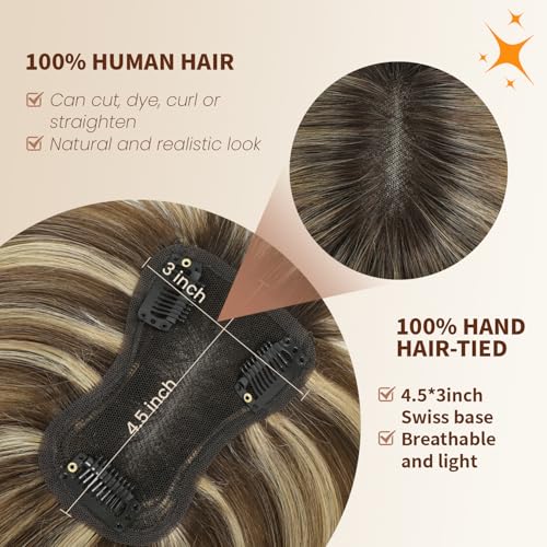 Hair Toppers for Women Real Human Hair, 10 Inch 360¡Æ Cover Hair Toppers for Women with 3.5x4 inch Hand-woven Swiss Base (Medium Brown Mix Blonde with Dark Brown Root)