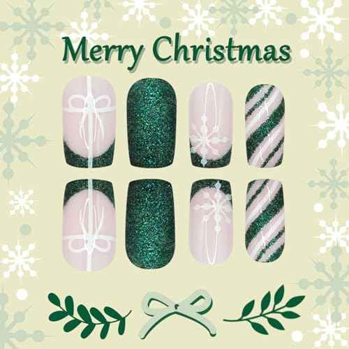 Christmas Green French Tip Press on Nails Square Medium Snowflake Fake Nails Winter Nude Pink False Nails Full Cover Reusable Acrylic Artificial Christmas Stick on Nail for Women 24 Pcs