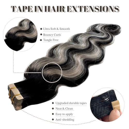 Tape in Hair Extensions Human Hair 26 Inch Body Wave Natural Black Hair Balayage Silver Grey Highlights Hair Extensions Real Human Hair Tape ins for Black Women 20 PCS Double Sided Tape Hair 50G