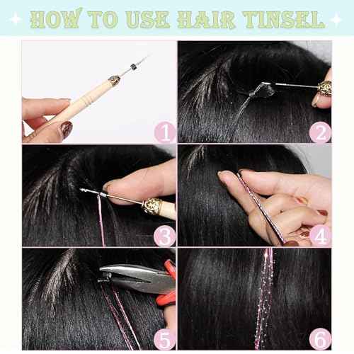 Hair Tinsel, Hair Tinsel Kit for Girls 1800 Strands Fairy Tinsel Hair Extensions Holographic Hair Tinsel Heat Resistant Colored Hair Glitter Christmas Party Festival (N/Pink)