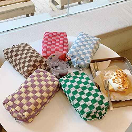 SxoSyo 2 Pcs Cosmetic Bags for Women Makeup Bag Purse Travel Toiletry Zipper Storage Pouch Make up Brushes Organizer for Gifts (Checkered, Blue 2)