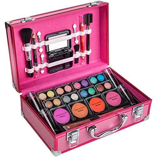 SHANY Carry All Make up Train Case with Pro Makeup Set, Beauty Brushes, Lipsticks, Eye Shadows, Blushes, Powders, and more - Reusable Cosmetics Storage Organizer - Premium Gift Packaging - Pink