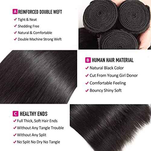 Straight Bundles Human Hair 16 16 16 Inch Brazilian Straight Hair Bundles 100% Unprocessed Virgin Hair Weave Bundle Human Hair Extensions for Women Trippy Hair Bundle Natural Color