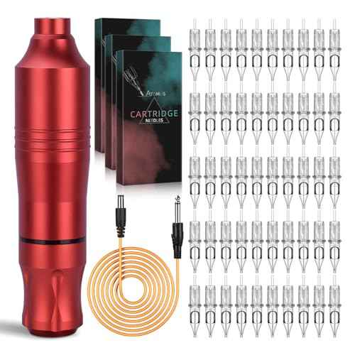 Rotary Tattoo Machine, ATOMUS Tattoo Pen Style Cartridge Machine Gun Liner Shader with DC Clip Cord 50pcs Mixed Cartridge Needles 10pcs of Each 1RL 3RL 5RL 7RL 9RL (Red)