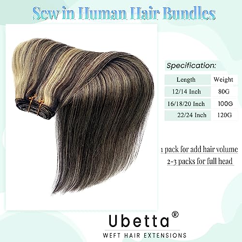Sew in Hair Extensions Real Human Hair, 20 Inch 100G Weft Hair Extensions Human Hair Bundles Natural Black to Blonde Highlights Hair Extensions Real Human Hair Weft Weave Bundles for Women
