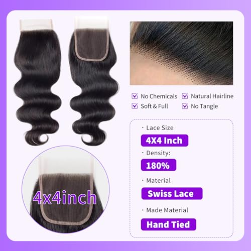 Body Wave Bundles with Closure Human Hair 14 16 18 + 12 Inch Brazilian Human Hair 3 Bundles with 4x4 HD Lace Closure Part 12A Grade 100% Unprocessed Virgin Hair