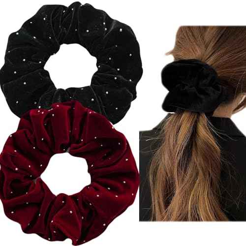 Christmas Red Scrunchies for Hair Black Hair Ties for Women Girls, Rhinestone.Star Elastic Hair Ties Ponytail Holder for Thanksgiving Gift (black red)