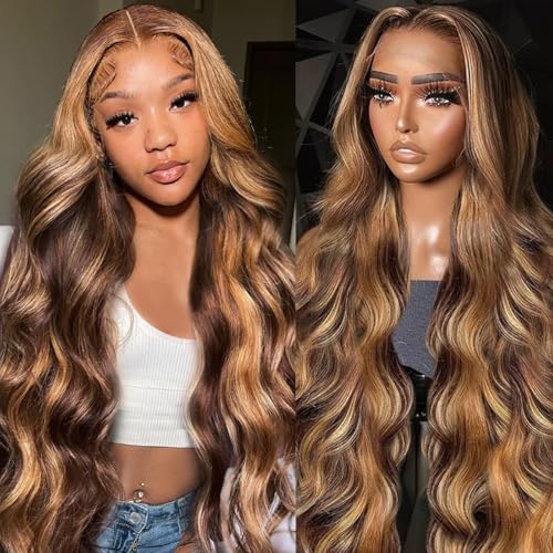 13x6 Honey Blonde Highlight Wig Human Hair Ombre Lace Front Wig P4/27 Body Wave Highlight Lace Front Wig Glueless Pre Plucked Bleached Knots Hd Lace Frontal Wigs Colored 22 Inch 180% Density