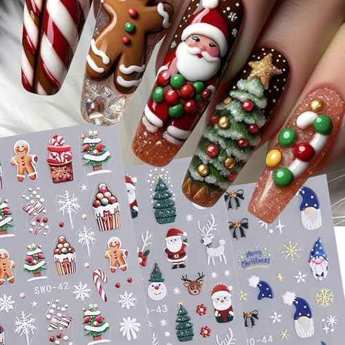 Christmas Nail Stickers for Art Decorations - 4PCS Snowflake, Gingerbread Man, Penguin, Elk, Santa Claus, Xmas Tree Design - Manicure Decals Supplies for Women