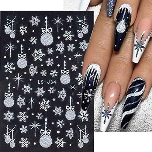 6 Sheets Snowflakes Nail Art Stickers Self-Adhesive Winter Nail Art Supplies Christmas Nail Stickers Glitter Snowflake French Stripe Design 3D White Gold Nail Decals for Women Xmas Nail Decor Charms