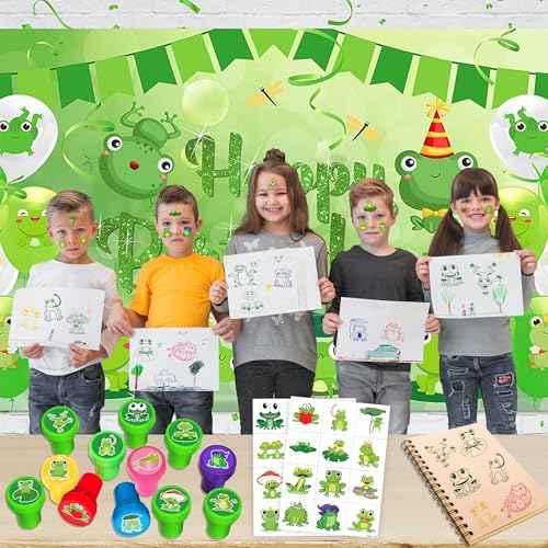 36PCS Frog Party Favors - 24PCS Pre-Cut Temporary Tattoos & 12PCS Stamps - Ideal Animal Frog Princess Themed Birthday Card Decorations Supplies Goodie Bag Cute Rewards for Boys Girls Classroom Gifts