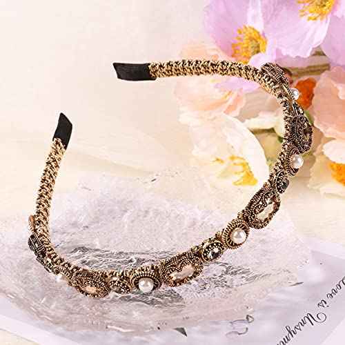 YARN & INK Gold Rhinestone Pearls Headbands for Women Girls, Non Slip Bling Headband Hair Accessories Retro Christmas Gift (Baroque Champagne)