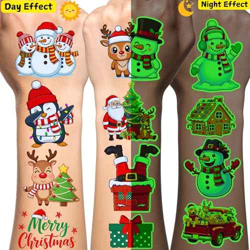 Glow In Dark Christmas Temporary Tattoos | Luminous Christmas Decorations Accessories Party Favors Supplies Goodie Bags Stocking Stuffers Xmas Santa Claus Snowman Gift Idea For Kis Teen Adult-60Pcs