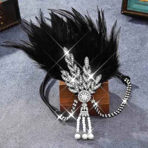 GORTIN 1920's Flapper Feather Headband Art Deco Headpiece Inspired Leaf Medallion Pearl Headband