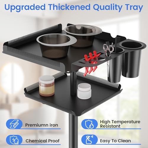 Rolling Salon Tray on Wheels with Braiding Hair Platform, Metal Salons Tray Cart with 2 Magnetic Bowls, Hairstylist Tray for Salon Station, Height Adjustable Salons Trolley Cart for Salon&Spa Use