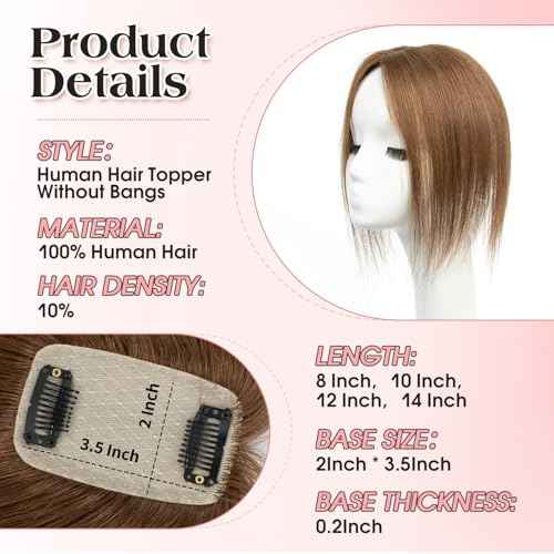 isheeny Human Hair Topper for Women 10Inch Real Human Hair Toppers For Changing Your Look, Dark Brown #4 Natural Hair Pieces for Women With Artificial Base & 2 Secure Clips