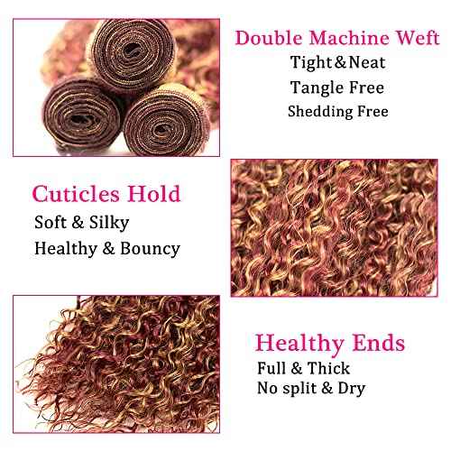 Burgundy Human Hair Bundles - Deep Wave Brazilian Unprocessed Virgin Hair - 22 24 26 Inch Red Highlight 99j Hair - 3 Bundles Set