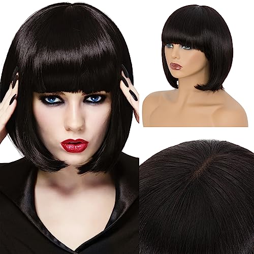 10 Inch Light YAKI Short Bob Wig Human Hair with Bangs, Black Blunt Cut Bob Wig Straight Glueless Headband Wigs for Women, Realistic Large Lace Scalp 180% Density 100% Human Hair