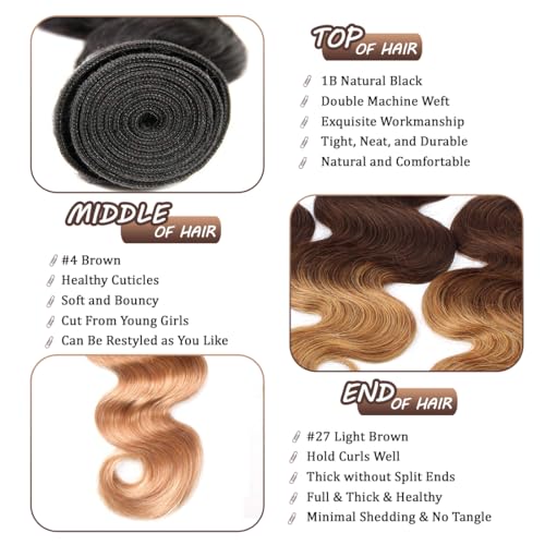 12A Ombre Human Hair Bundles T1b/4/27 Body Wave Bundles 100% Brazilian Virgin Human Hair 3 Tone Ombre Black Brown Blonde Quick Weave Bundle Deal for Women 14 16 18 Inch Thick and Full Hair Extensions