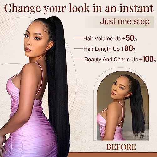 FLUFYMOOZ ponytail extension, 36 Inch Long Straight Drawstring Ponytail Synthetic Hairpieces Fake Pony Tails Natural Soft Clip in Hair Extension ponytail for Women (Jet Black)