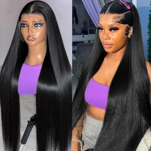 Straight Lace Front Wigs Human Hair 200 Density HD Lace Front Wigs 28 Inch Straight Hair Wig with Baby Hair Virgin Straight Lace Frontal Wig Human Hair Natural Black