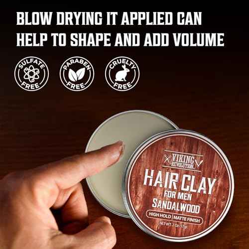 Viking Revolution Sandalwood Hair Clay for Men - Matte Finish Mens Hair Clay - Texturizing Clay Hair Product Men with Jojoba and Vitamin E - Clay Pomade for Men Effortless Hair Styling Cream (2 oz)