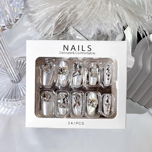 SINHOT Luxury Press on Nails - Long Coffin Fake Nails 3D Handmade Flowers Reusable False Nails with Rhinestone Designs,DIY Artificial Nail Art, 24pcs