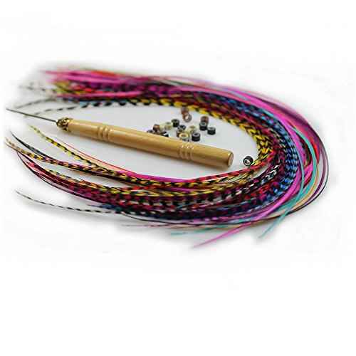 Feather Hair Extension ? 100% Real Rooster Grizzly and Solid Feathers, Rainbow Colors Individual Feathers, Ranging From 8 to 11 Inches in Length, Total of 20 Feathers, Includes Beads and Loop Tool Kit