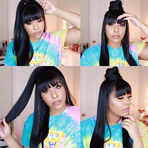 hair Mechine Made wig human hair natural black body wave 150% density with Pre Plucked Hairline with baby hair grade 10A hair wig (20, Straight wig with Bang)