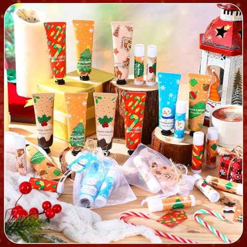 Loopeer 72 Sets/288 Pcs Christmas Hand Cream and Lip Balm Gift Set for Women Bulk Mini Hand Lotion Travel Size for Dry Skin Stocking Stuffers with Greeting Card Organza Bags for Coworker Employee