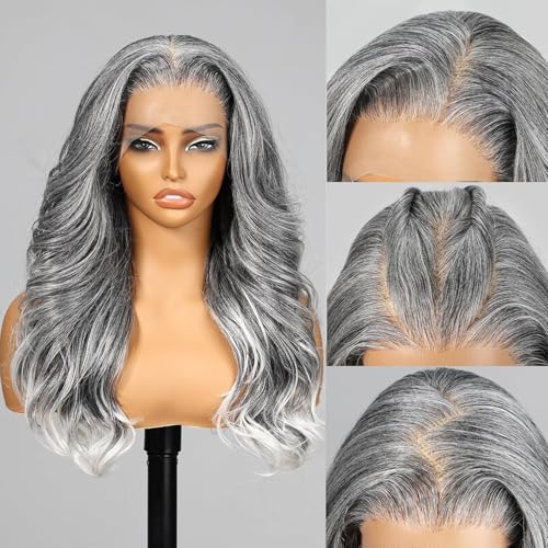 Allbell 13x6 Grey Lace Front Wig for Black Women,Glueless Synthetic HD Lace Wigs,22Inch Body Wave Hair Replacement