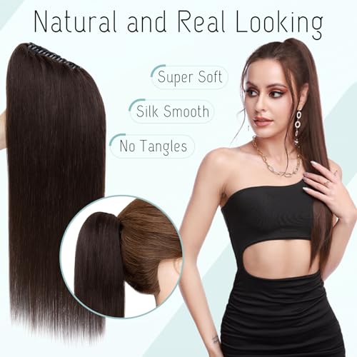 S-noilite Claw Clip Ponytail Extension Human Hair #2 Dark Brown Real Remy Human Hair Ponytail Extension 14inch Long Straight Hair Pony Tails Hair Extensions For Women 105Grams