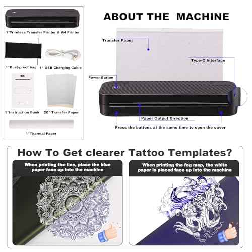 Wireless Tattoo Transfer Stencil Printer Machine 2600mAh Thermal Printer with 10pcs Transfer Paper and Thermal Paper Compatible Android and iOS PC Tattoo Kit for Artists & Beginners