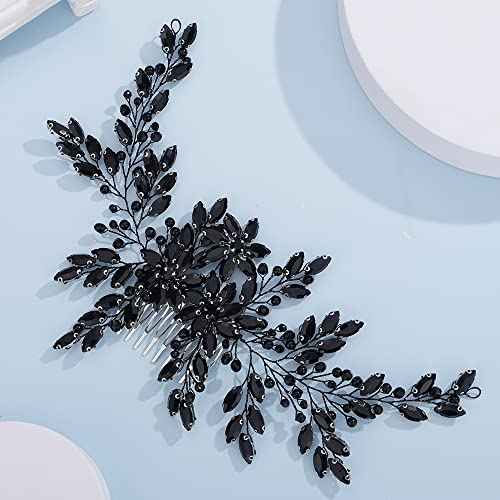 Teyglen Women Luxurious Bridal Hair Accessories - Dainty Large Crystal Pearl Flower Headband, Shiny Rhinestone Side Combs for Brides and Girls (Black)