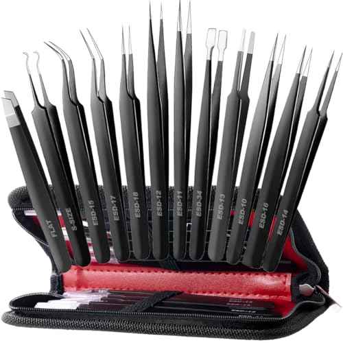 Antonki 12 Pack Precision Tweezers Set for Craft, Soldering, Jewelry, Facial Hair, Eyebrow, Ingrown Hair Removal, Eyelash Extension- with Case